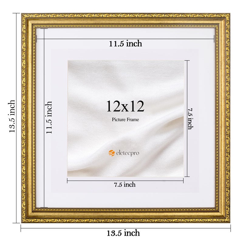 eletecpro 12x12 Picture Frames Set of 2, Vintage Frame with Glass Cover, Ornate Gold Picture Frames 12 x 12 Display 8x8 Photo with Mat or 12x12 without Mat for Home Wall Decor, Gold - Image 3