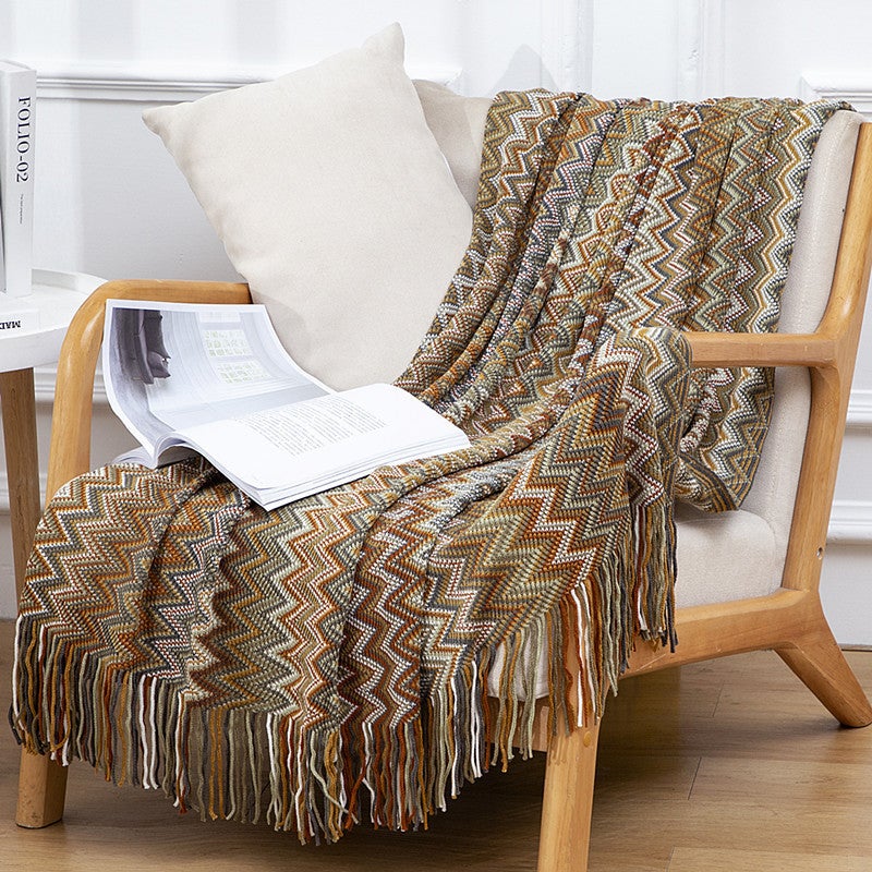 Bohemian Tassel Knit Throw Blanket Office Nap Yellow 