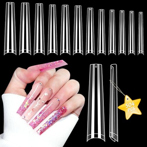 3XL NO C Curve Coffin Nail Tips for Acrylic Nails Professional 504PCS Clear Extra Long Tapered Square Nail Tip 12 Sizes Straight Press On Gel Nail Tips for Nail Salons Home DIY
