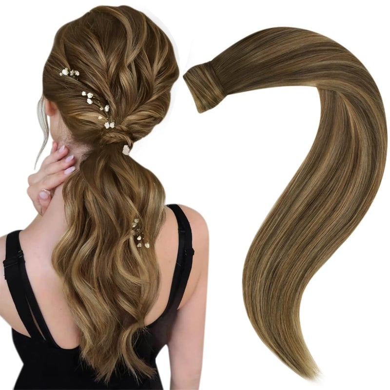 Easyouth Wrap Around Ponytail Extension Ombre Human Hair Ponytail Extension Brown Mixed Strawberry Blonde Ponytail Extension Human Hair Balayage Brwon 16Inch 80g
