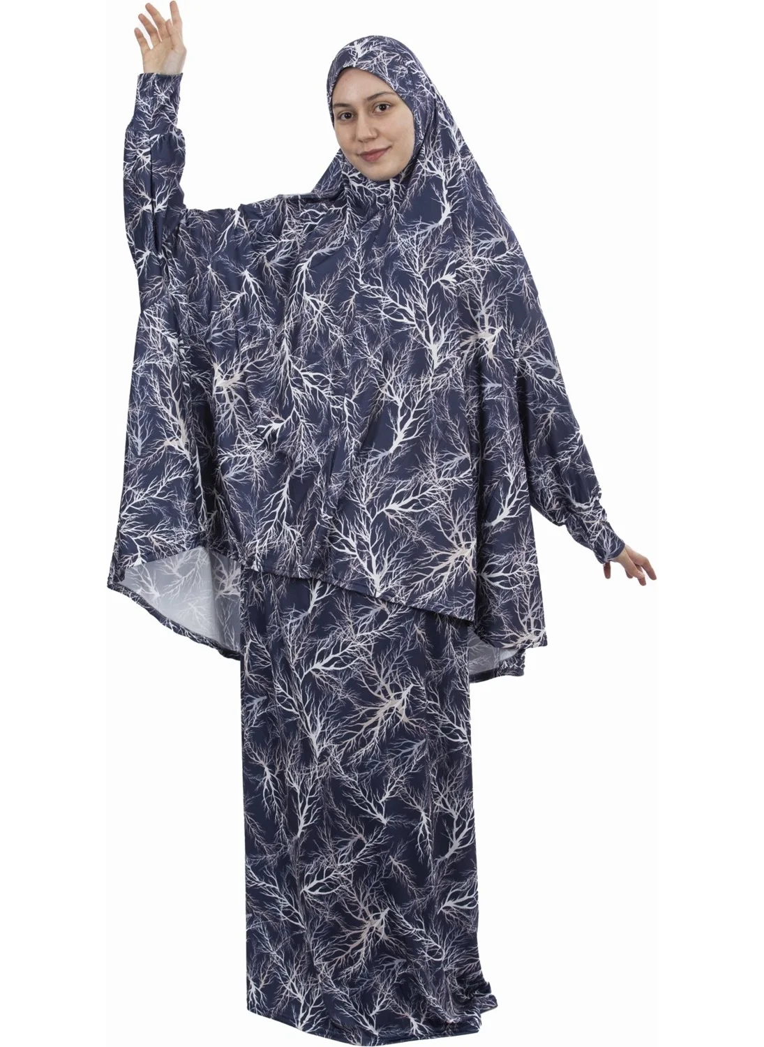 Altobeh Practical One Piece Patterned Sleeves Removable Hijab Lycra Hijab Prayer Dress 990-0307
