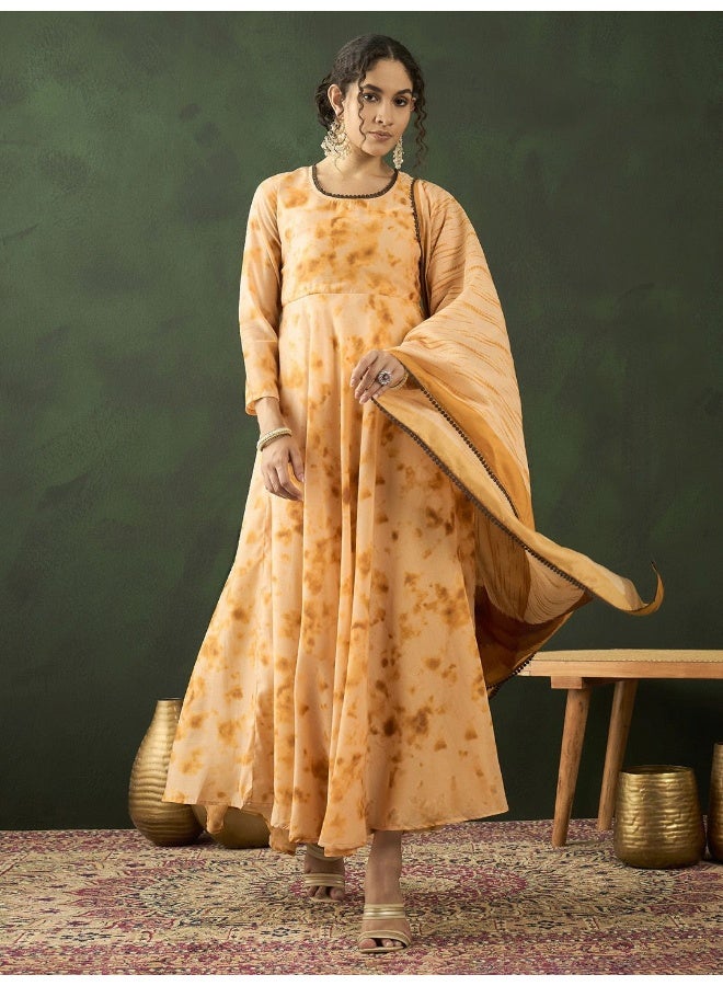 AKS Mustard Tie & Dye Maxi Dress with dupatta  - Image 5