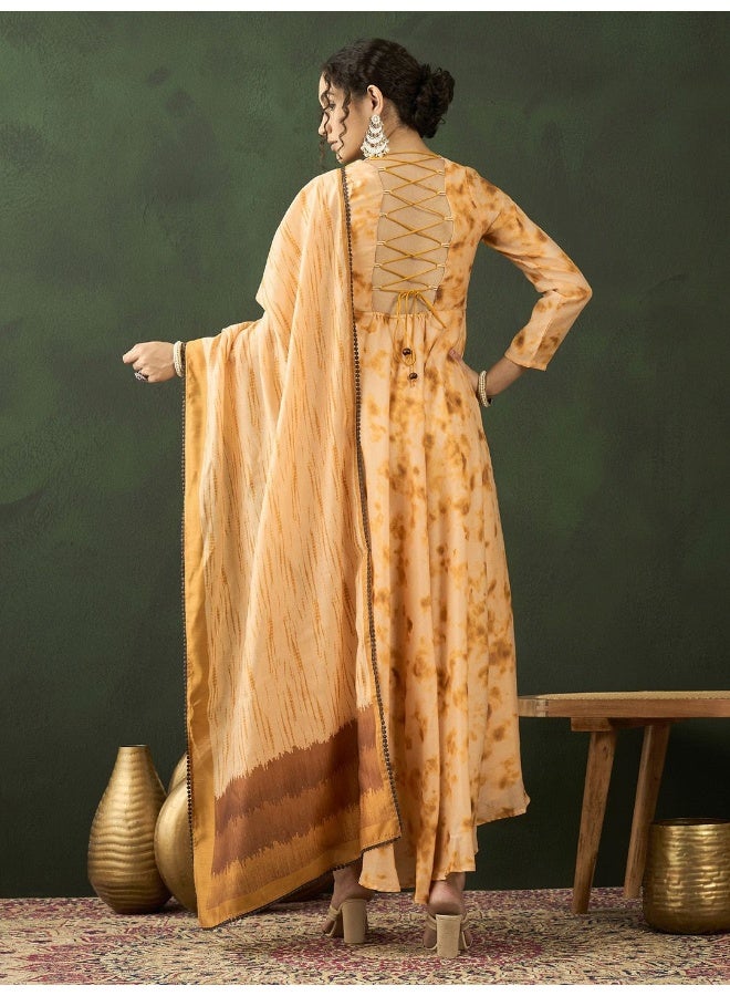AKS Mustard Tie & Dye Maxi Dress with dupatta  - Image 4
