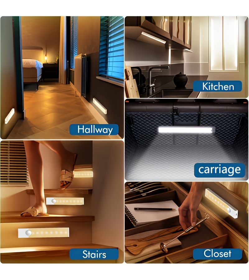12 قطعة من أضواء الخزانة LED القابلة للشحن عبر USB بإضاءة بيضاء 30 سم مع حساس حركة وتركيب مغناطيسي لخزائن الملابس وحالات العرض والممرات - Image 4