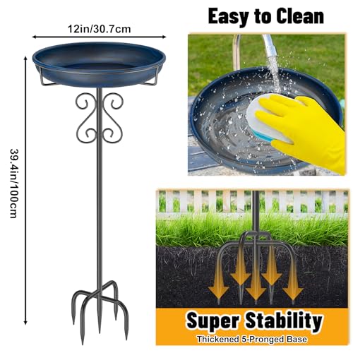TUSPEU Metal Bird Bath for OutsideBird Baths Feeder Bowl with 5 Prongs Base StakeFreestanding BirdBaths for Outdoors Garden Patio Yard Lawn Decor Vintage Blue - Image 3