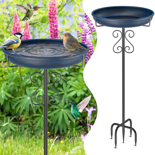 TUSPEU Metal Bird Bath for OutsideBird Baths Feeder Bowl with 5 Prongs Base StakeFreestanding BirdBaths for Outdoors Garden Patio Yard Lawn Decor Vintage Blue - Image 1