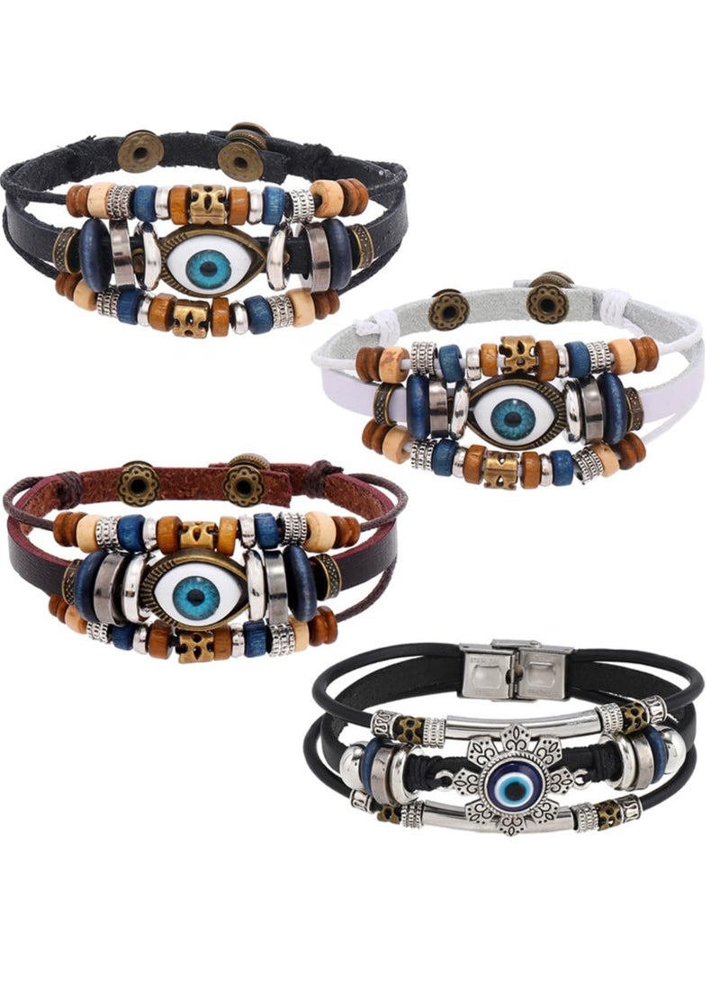 Zikra 4Pcsa Leather Evil Eye Bracelet Wristband, Turkish Blue Eyes Bracelets, Adjustable Multi Layered Retro Wrap Wrist Band Beaded Black Brown Luck Protection Jewelry for Couple Men Women - Image 1