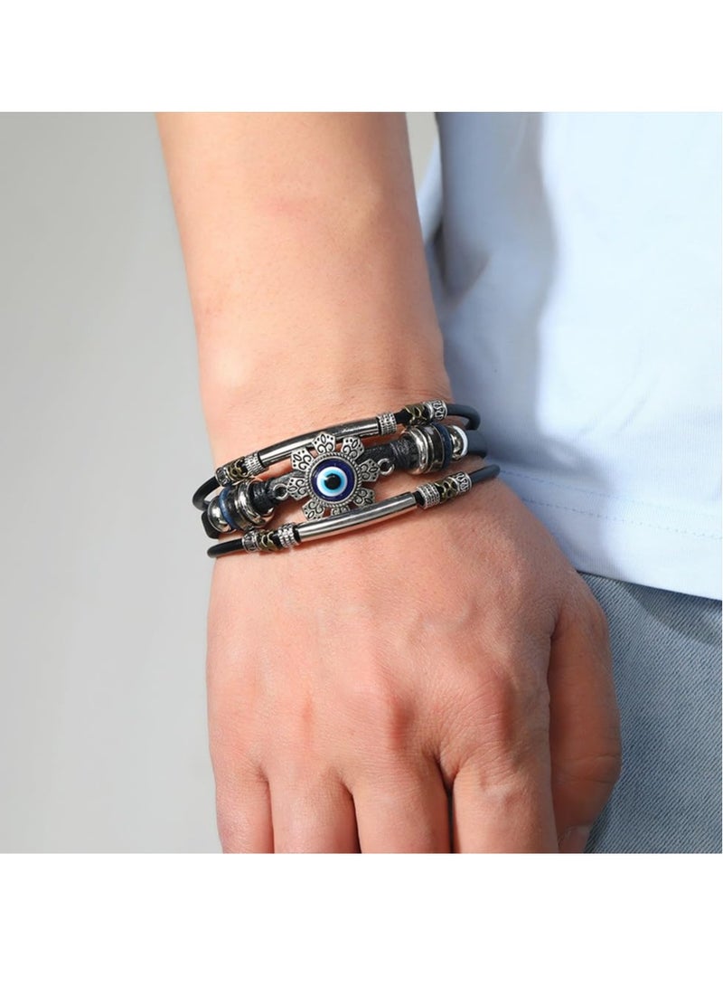 Zikra 4Pcsa Leather Evil Eye Bracelet Wristband, Turkish Blue Eyes Bracelets, Adjustable Multi Layered Retro Wrap Wrist Band Beaded Black Brown Luck Protection Jewelry for Couple Men Women - Image 5