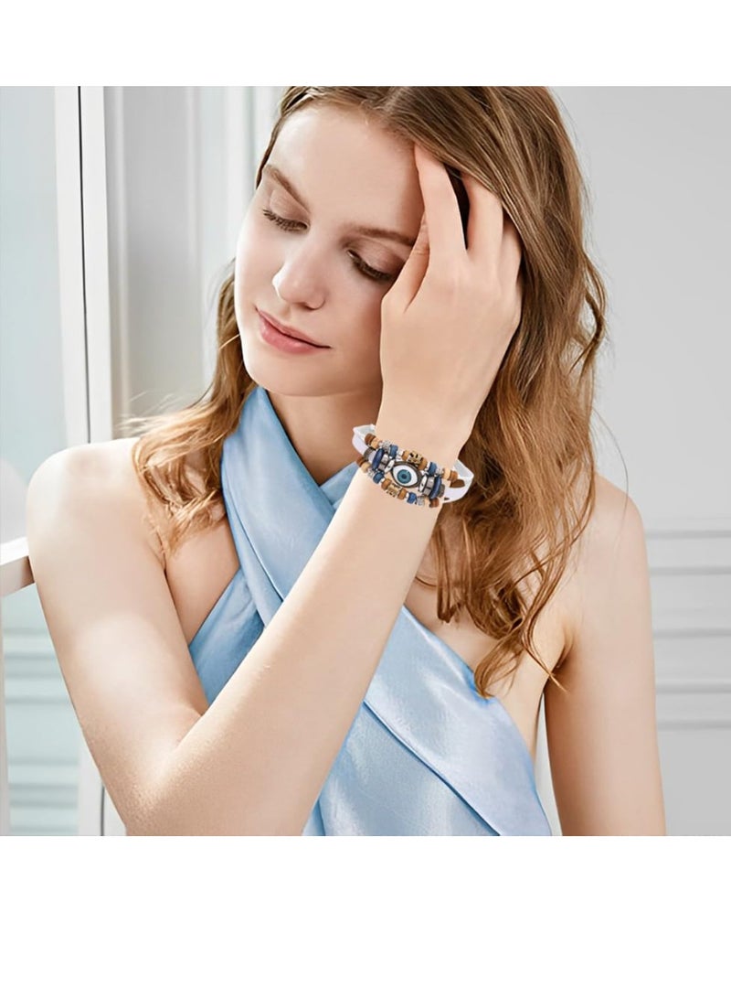 Zikra 4Pcsa Leather Evil Eye Bracelet Wristband, Turkish Blue Eyes Bracelets, Adjustable Multi Layered Retro Wrap Wrist Band Beaded Black Brown Luck Protection Jewelry for Couple Men Women - Image 4