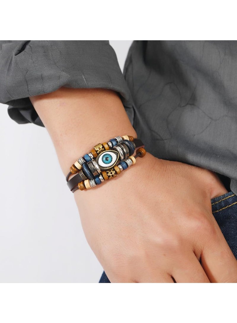 Zikra 4Pcsa Leather Evil Eye Bracelet Wristband, Turkish Blue Eyes Bracelets, Adjustable Multi Layered Retro Wrap Wrist Band Beaded Black Brown Luck Protection Jewelry for Couple Men Women - Image 3