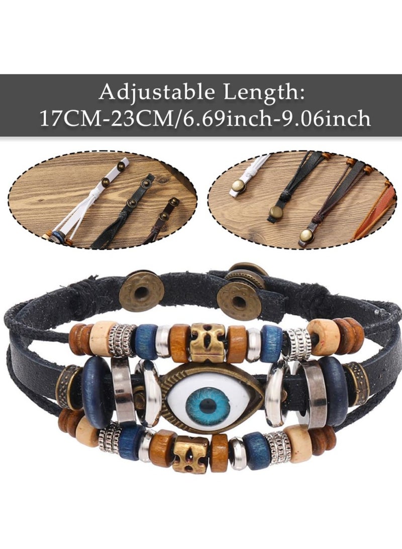 Zikra 4Pcsa Leather Evil Eye Bracelet Wristband, Turkish Blue Eyes Bracelets, Adjustable Multi Layered Retro Wrap Wrist Band Beaded Black Brown Luck Protection Jewelry for Couple Men Women - Image 2