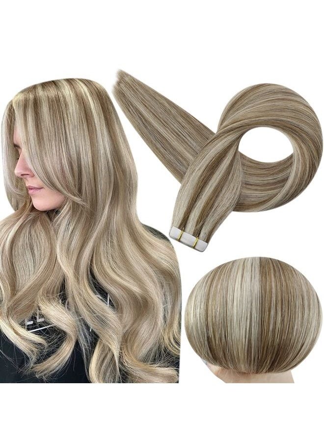 Full Shine Tape in Hair Extensions Human Hair 16 Inch Seamless Tape in Extensions Natural Color 8 Ash Brown Highlighted 60 Platinum Blonde Fashion Extensions Skin Weft Tape Hair Tape 50 Gram 20 Pcs  - Image 1