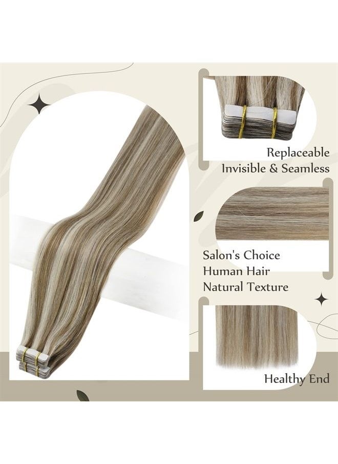 Full Shine Tape in Hair Extensions Human Hair 16 Inch Seamless Tape in Extensions Natural Color 8 Ash Brown Highlighted 60 Platinum Blonde Fashion Extensions Skin Weft Tape Hair Tape 50 Gram 20 Pcs  - Image 2