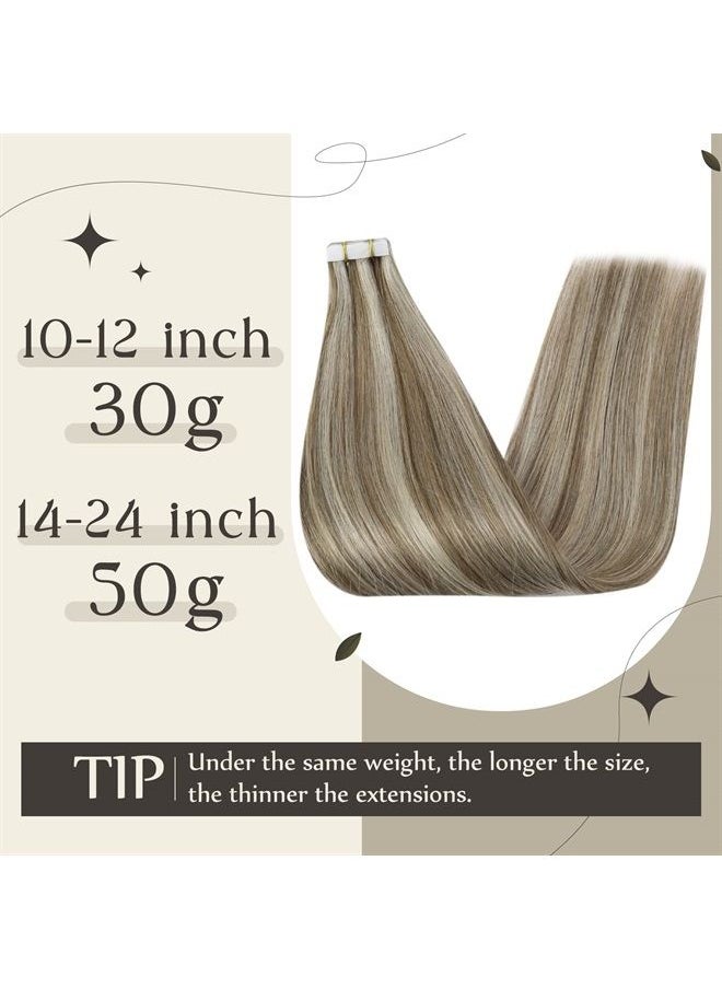 Full Shine Tape in Hair Extensions Human Hair 16 Inch Seamless Tape in Extensions Natural Color 8 Ash Brown Highlighted 60 Platinum Blonde Fashion Extensions Skin Weft Tape Hair Tape 50 Gram 20 Pcs  - Image 3