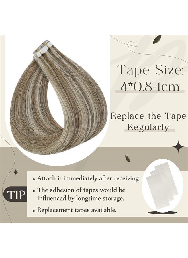 Full Shine Tape in Hair Extensions Human Hair 16 Inch Seamless Tape in Extensions Natural Color 8 Ash Brown Highlighted 60 Platinum Blonde Fashion Extensions Skin Weft Tape Hair Tape 50 Gram 20 Pcs  - Image 4