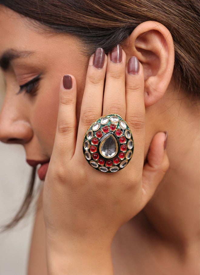 Binnis Wardrobe Gold-Plated Regal Ruby Kundan Studded Adjustable Finger Ring - Image 2