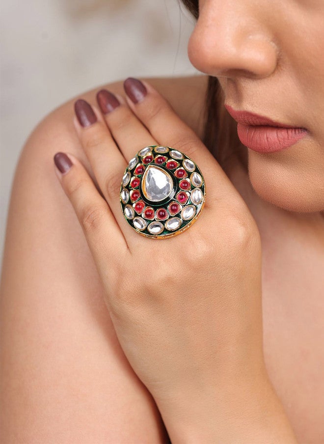 Binnis Wardrobe Gold-Plated Regal Ruby Kundan Studded Adjustable Finger Ring - Image 1