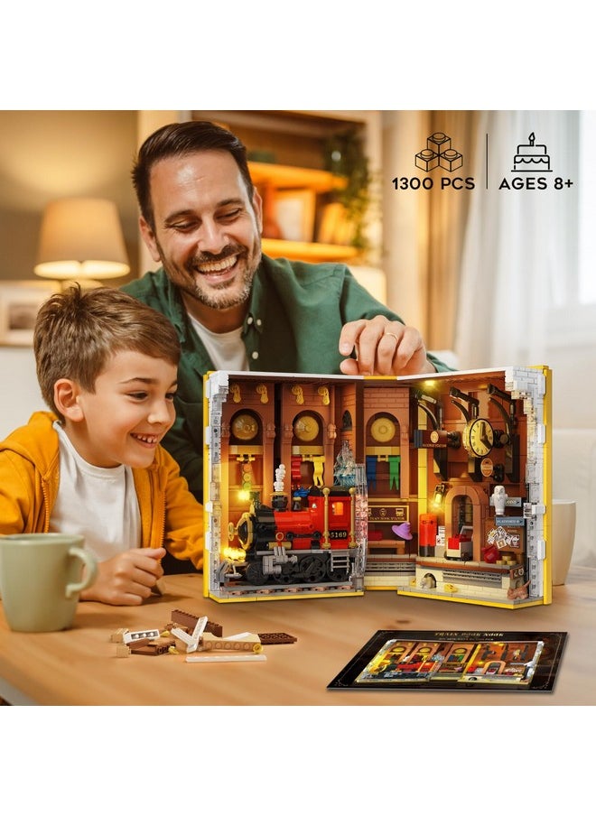 Hogokids HOGOKIDS Magic Train Station Book Nook Building Set with Light, 1300 PCS Bookend Building Block Kit for Bookshelf Home Decor, DIY Miniature House Model Kit, Birthday Gifts for Adults Boys Girls Age 8+  - Image 4