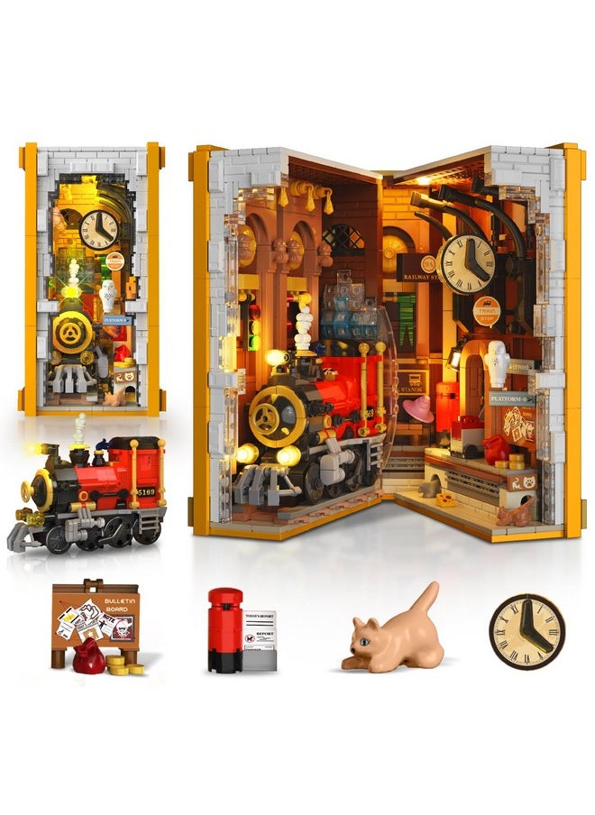 Hogokids HOGOKIDS Magic Train Station Book Nook Building Set with Light, 1300 PCS Bookend Building Block Kit for Bookshelf Home Decor, DIY Miniature House Model Kit, Birthday Gifts for Adults Boys Girls Age 8+  - Image 1