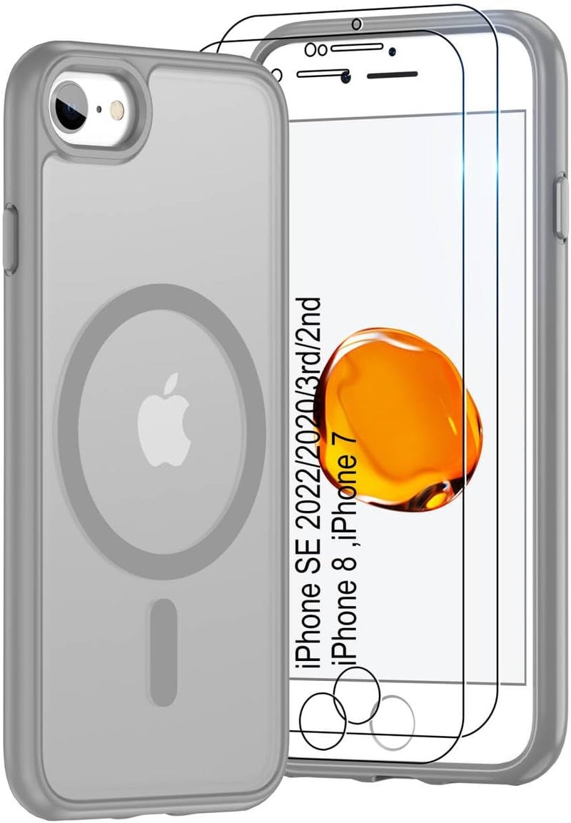 Pilaru Magnetic Case for iPhone 7/8 & SE 2022/2020(3rd/2nd)[Compatible with MagSafe] 2 Screen Protector | Anti- Fingerprint, Shockproof, Skin-friendly Slim Fit Translucent for iPhone SE-Grey - Image 1