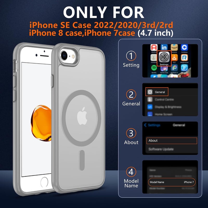 Pilaru Magnetic Case for iPhone 7/8 & SE 2022/2020(3rd/2nd)[Compatible with MagSafe] 2 Screen Protector | Anti- Fingerprint, Shockproof, Skin-friendly Slim Fit Translucent for iPhone SE-Grey - Image 2