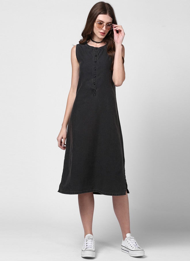 StyleStone Women Black Solid A-Line Denim Dress - Image 5