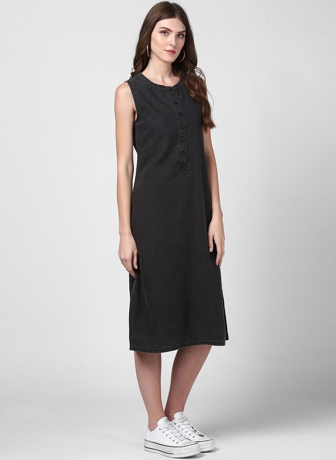 StyleStone Women Black Solid A-Line Denim Dress - Image 3
