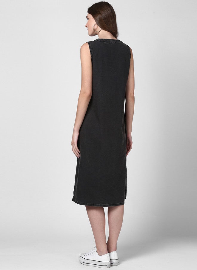 StyleStone Women Black Solid A-Line Denim Dress - Image 4