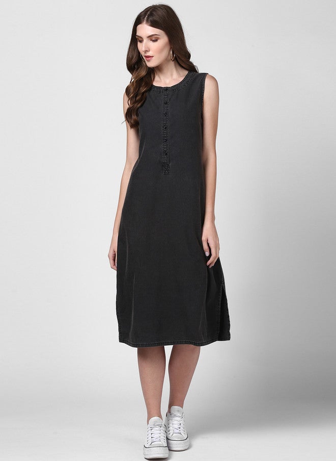 StyleStone Women Black Solid A-Line Denim Dress - Image 1