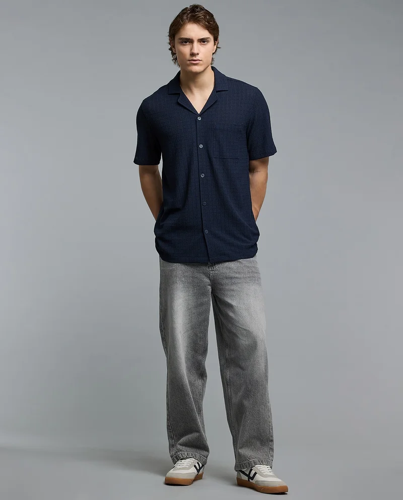 R&B Textured Shirt with Revere Collar and Short Sleeves