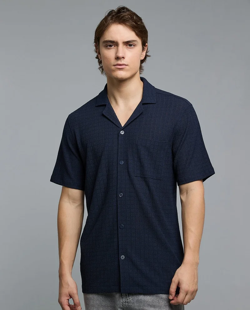R&B Textured Shirt with Revere Collar and Short Sleeves