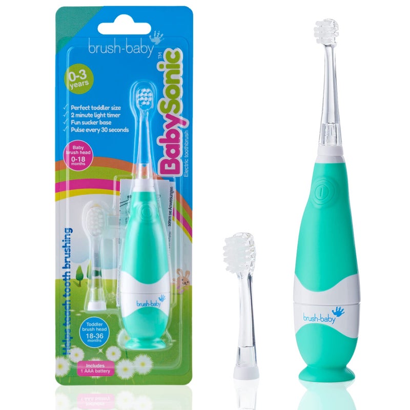 brush-baby BabySonic Infant and Toddler Electric Toothbrush for Ages 0-3 Years - Smart LED Timer and Gentle Vibration Provide a Fun Brushing Experience - Includes 2 Sensitive Brush Heads (Teal) - Image 1