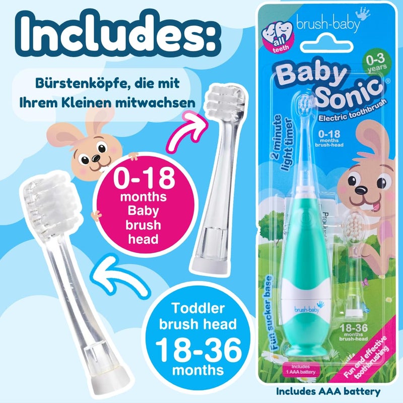 brush-baby BabySonic Infant and Toddler Electric Toothbrush for Ages 0-3 Years - Smart LED Timer and Gentle Vibration Provide a Fun Brushing Experience - Includes 2 Sensitive Brush Heads (Teal) - Image 3