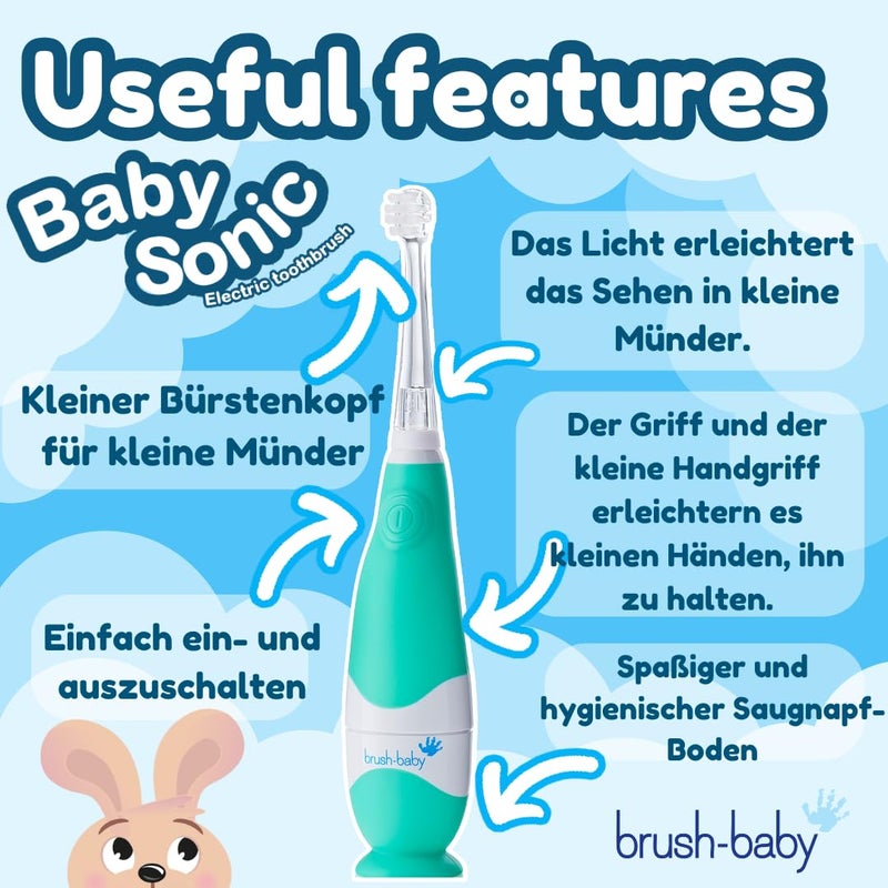 brush-baby BabySonic Infant and Toddler Electric Toothbrush for Ages 0-3 Years - Smart LED Timer and Gentle Vibration Provide a Fun Brushing Experience - Includes 2 Sensitive Brush Heads (Teal) - Image 2