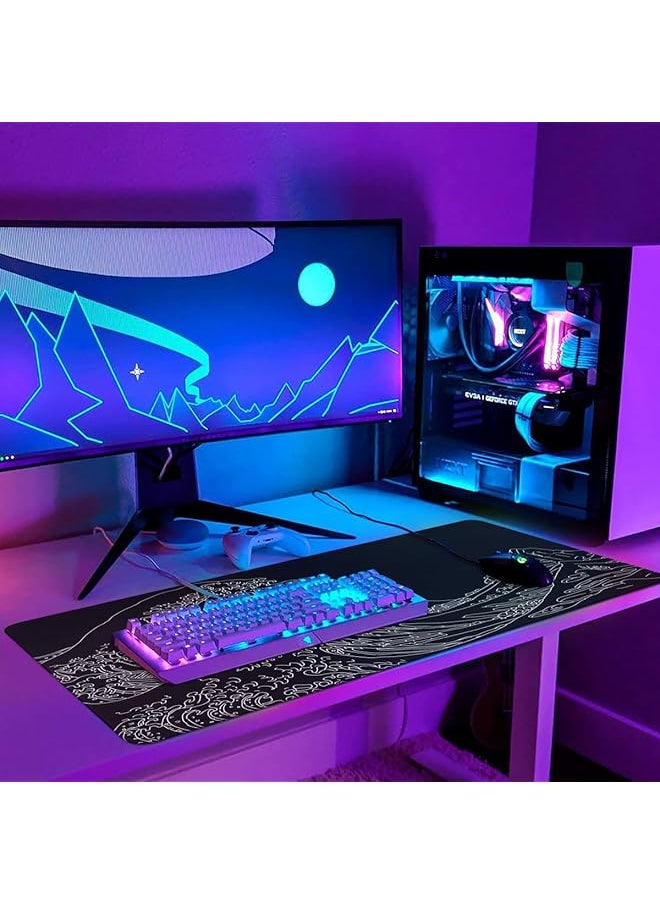 erorex - Gaming Mouse Pad Mousepad Xxl Large Rubber Base Desk Mat With Stitched Edges Keyboard Mouse Mat Desk Pad For Work Game Office Home Black Wave Of Kanagawa - Image 1