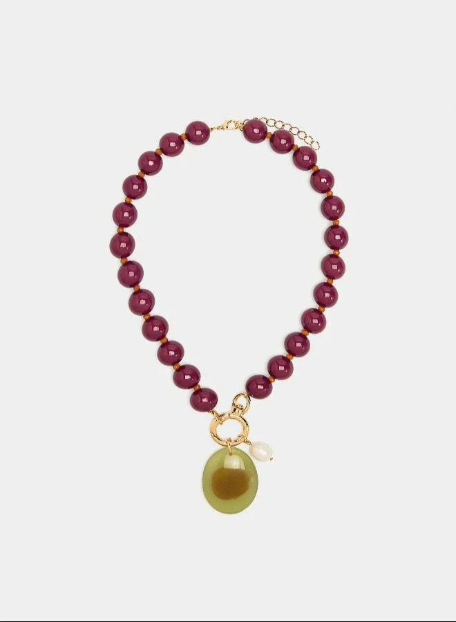 بارفوا عقد قصير مع خرز وقلادة بيضاوية متعددة الألوان