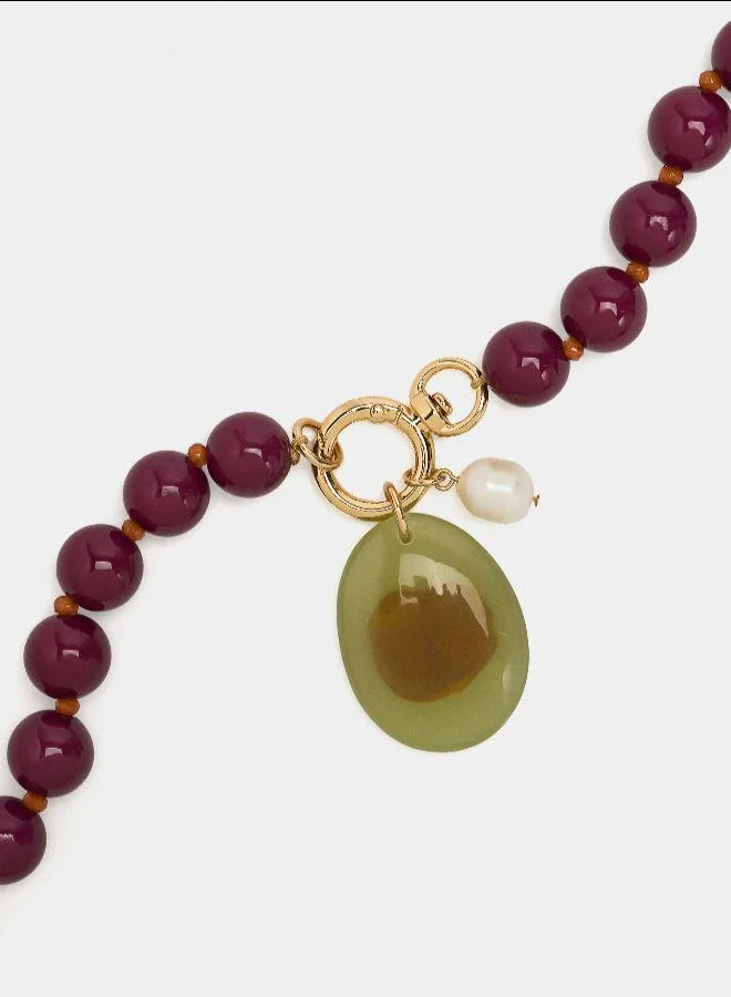 بارفوا عقد قصير مع خرز وقلادة بيضاوية متعددة الألوان