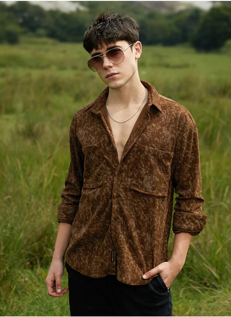 Campus Sutra Men's Chocolate Brown Faded Corduroy Oversized Shirt