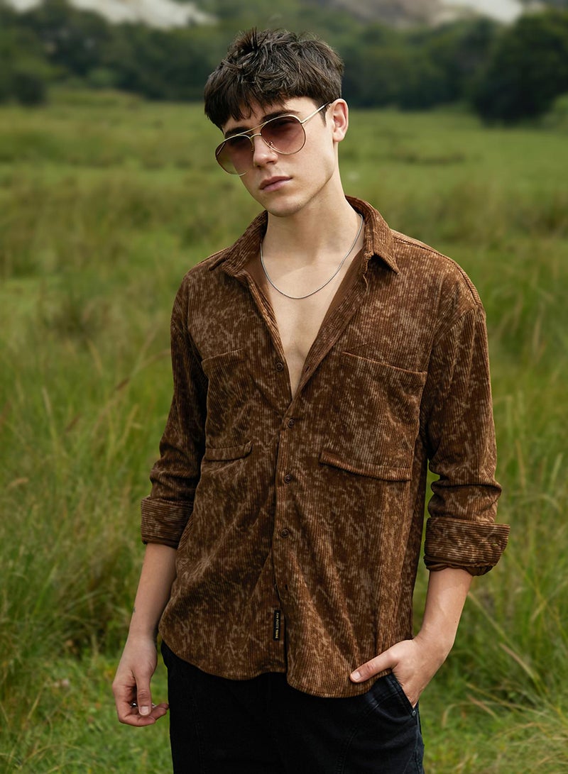 Campus Sutra Men's Chocolate Brown Faded Corduroy Oversized Shirt  - Image 1