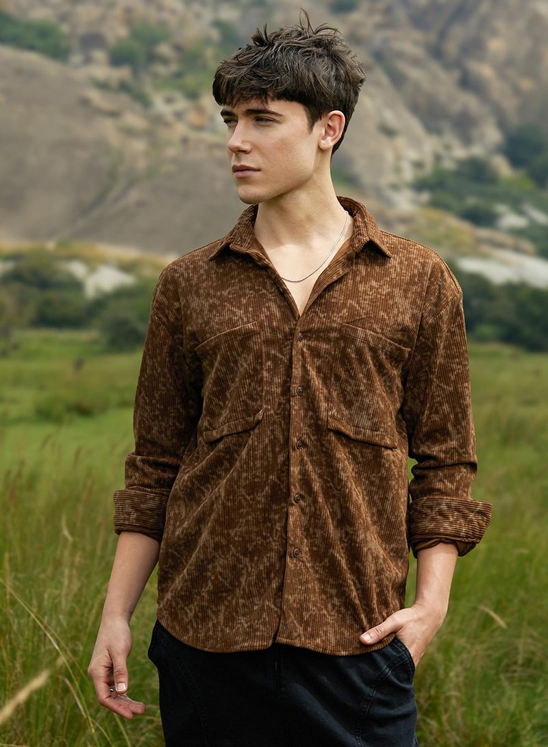 Campus Sutra Men's Chocolate Brown Faded Corduroy Oversized Shirt  - Image 2