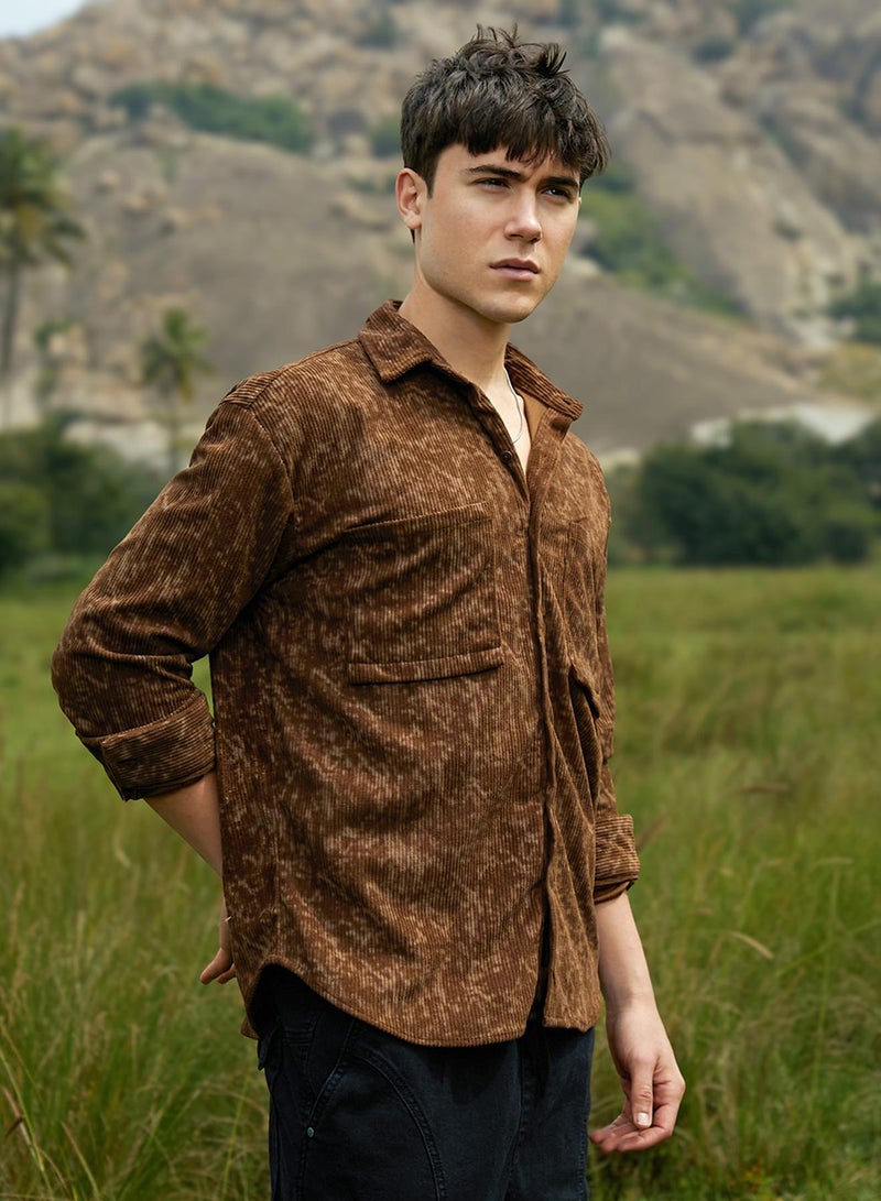 Campus Sutra Men's Chocolate Brown Faded Corduroy Oversized Shirt  - Image 3