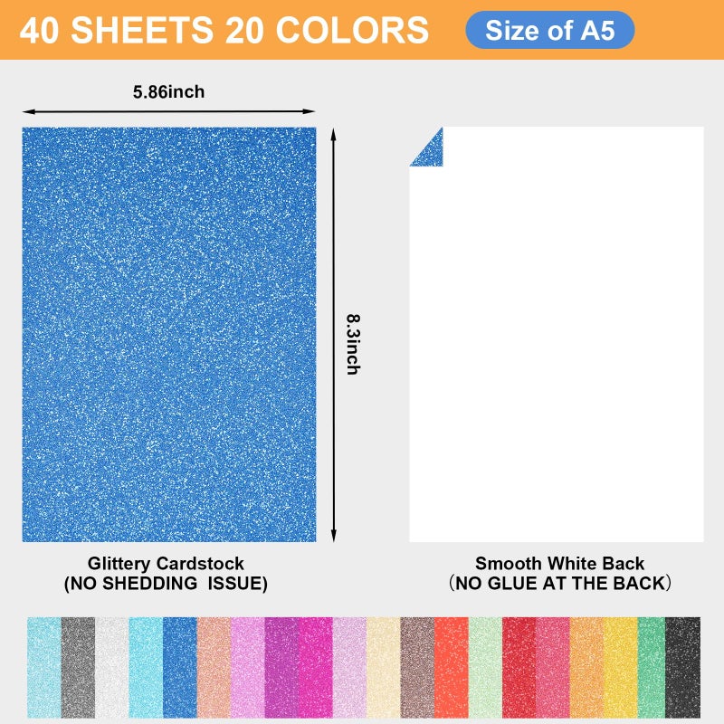 BetyBedy 40 Sheets 20 Colors Glitter Cardstock, BetyBedy Cricut Paper Cardstock, No-Shed Sparkly Glitter, A5 Glitter Paper for Arts and Crafts - Card Making, Scrapbooking, DIY Projects - Image 2