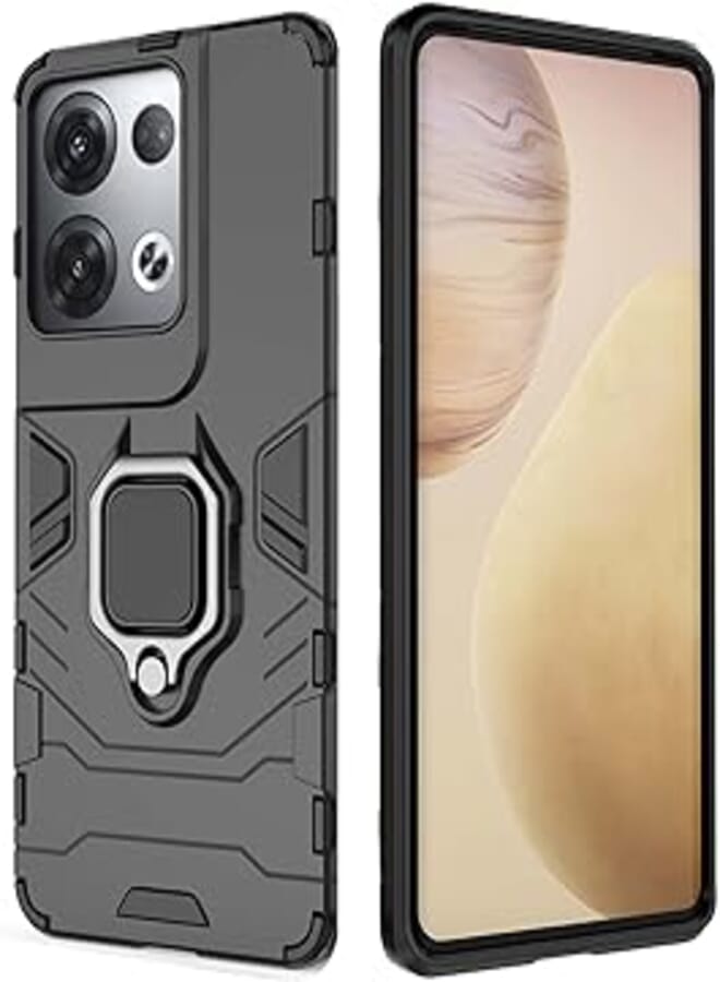 Case Compatible with Oppo Reno 8 5G, Dual Layer Protective Shockproof Hard Armor Cover with 360° Rotating Finger Ring Kickstand and Car Magnetic Mount - Black