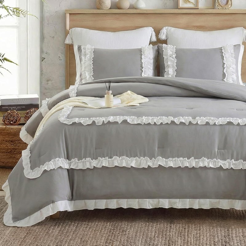 Bedorm Ruffle Comforter Queen Gray Farmhouse Bedding Set Pleated Ruffled Lace Comforter French Country Style Shabby Chic Bed Set Super Soft Cozy - Image 1