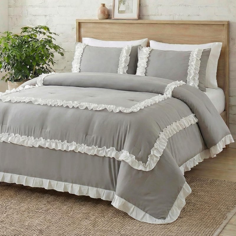Bedorm Ruffle Comforter Queen Gray Farmhouse Bedding Set Pleated Ruffled Lace Comforter French Country Style Shabby Chic Bed Set Super Soft Cozy - Image 5