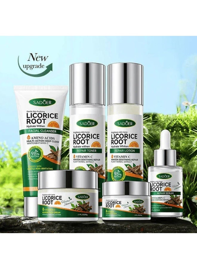 SADOER Licorice Root Vitamin C Skin Brightening Set, 6-Piece Herbal Nourish Pack for Moisture, Tone Correction, Whitening, Anti-Aging, Repair and Soft Glow, Complete Facial System with Cleanser, Toner, Serum, Cream and Repair Lotion, 98% Natural - Image 4