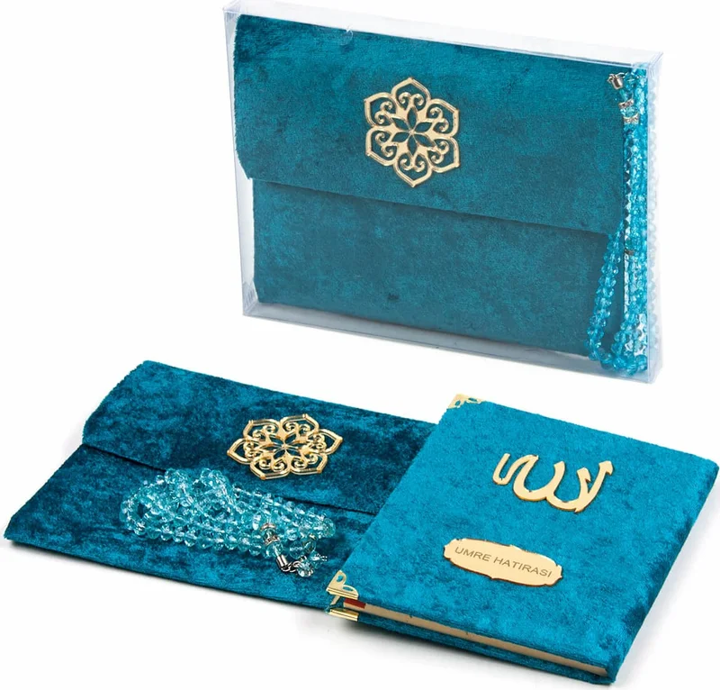 İhvan Ikhvan Name-Made Velvet Covered Yasin Book Set with Purse and Rosary Oil