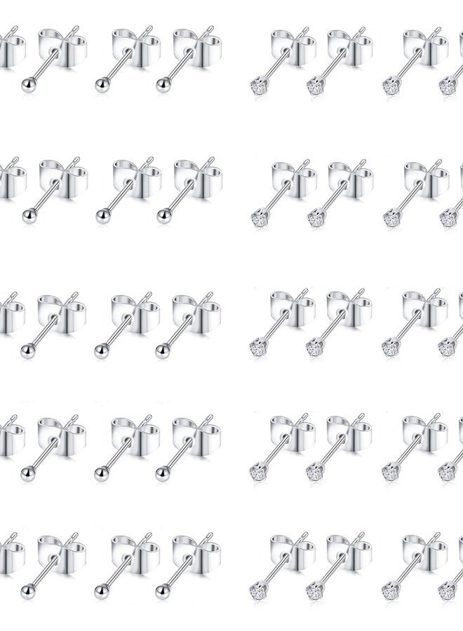 Tornito 20 Pairs 20G 2mm Tiny Stud Earrings 316L Stainless Steel Small CZ Ball Earring Set For Men Women - Image 1