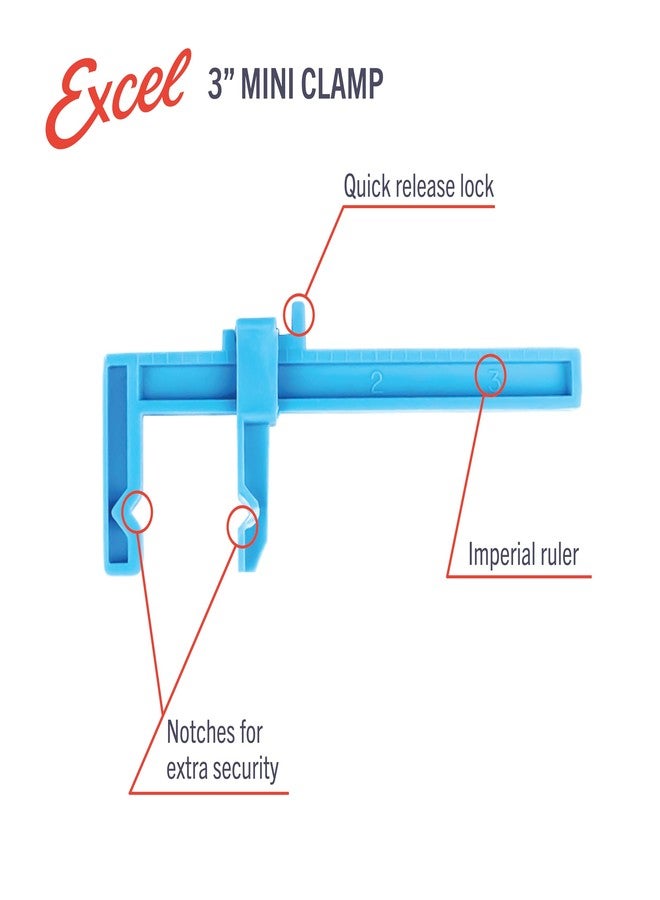 Excel Blades 3-Inch Adjustable Plastic Bar Clamps Set - 6-Pack Mini Woodworking Clamps and Spreaders for Model Building, Crafts, and DIY Woodworking Projects - Inch-Marked Side Beams - Made in USA - Image 3