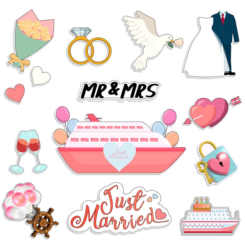 Hoteam 14 Pcs Just Married Cruise Door Magnets Wedding Refrigerator Decorations Cruise Cabin Door Sign for Stateroom Ship Car Honeymoon Anniversary Wedding Party Panel Tailgate Decor - Image 1